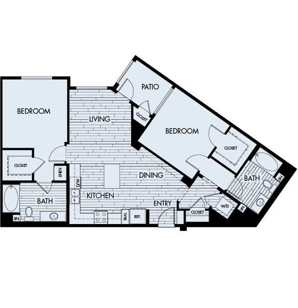 Floor plan 2F. Two bedroom, two bath at Ascent Apartments in San Jose.