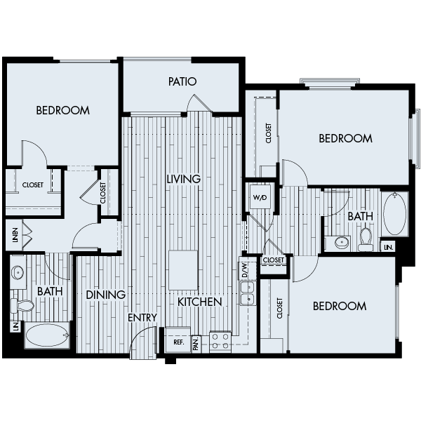Floor plan 3A. Three bedroom, three bath at Ascent Apartments in San Jose.