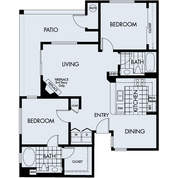 Floor plan 2A. A two bedroom, two bath floor plan at Sycamore Bay Apartments in Newark.