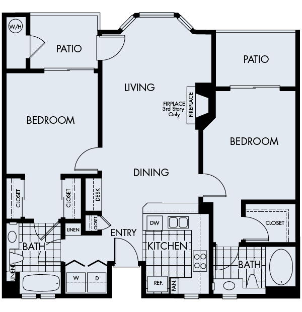 Floor plan 2C. A two bedroom, two bath floor plan at Sycamore Bay Apartments in Newark.