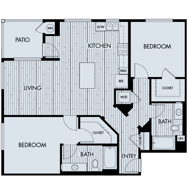 Floor plan 2C. A two bedroom, two bath floor plan at Vantis Apartments in Aliso Viejo