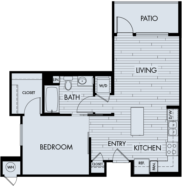 Floor plan 1A. A one bedroom, one bath floor plan at Vantis Apartments in Aliso Viejo