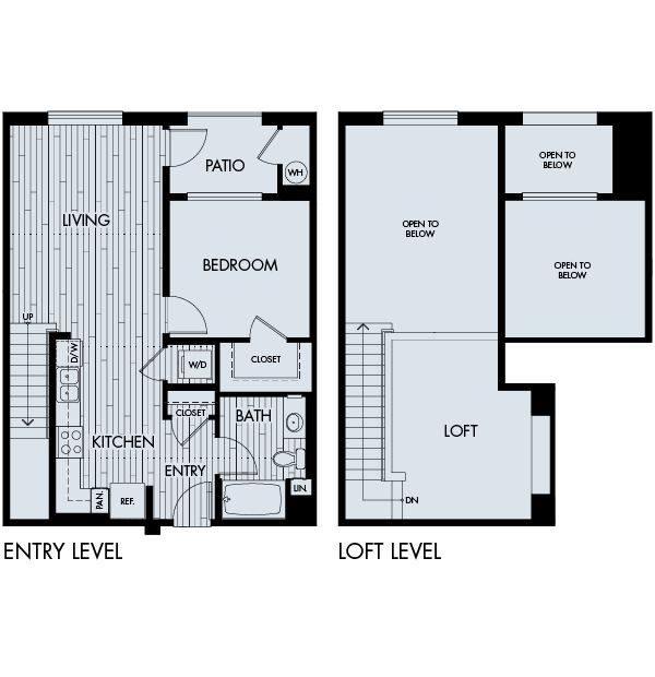 Floor plan 1CL. A one bedroom with loft/penthouse, one bath floor plan at Vantis Apartments in Aliso Viejo