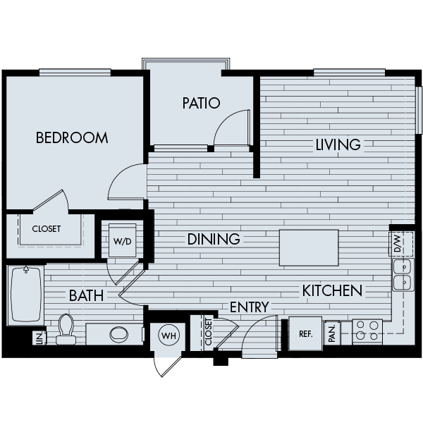 Floor plan 1D. A one bedroom, one bath floor plan at Vantis Apartments in Aliso Viejo