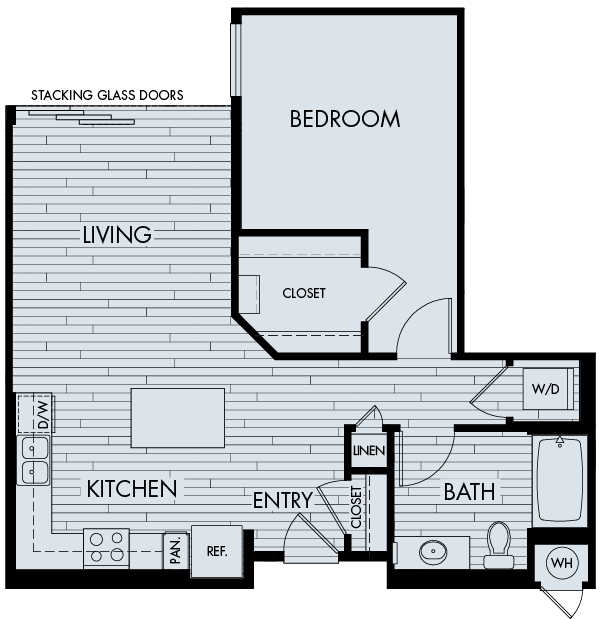 Floor plan 1E. A one bedroom, one bath floor plan at Vantis Apartments in Aliso Viejo