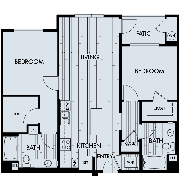 Floor plan 2B. A two bedroom, two bath floor plan at Vantis Apartments in Aliso Viejo