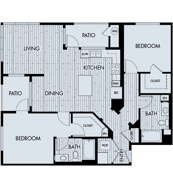 Floor plan 2D. A two bedroom, two bath floor plan at Vantis Apartments in Aliso Viejo