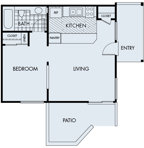 Floor plan 1A. A one bedroom, one bath floor plan at Woodbridge Apartments in Irvine