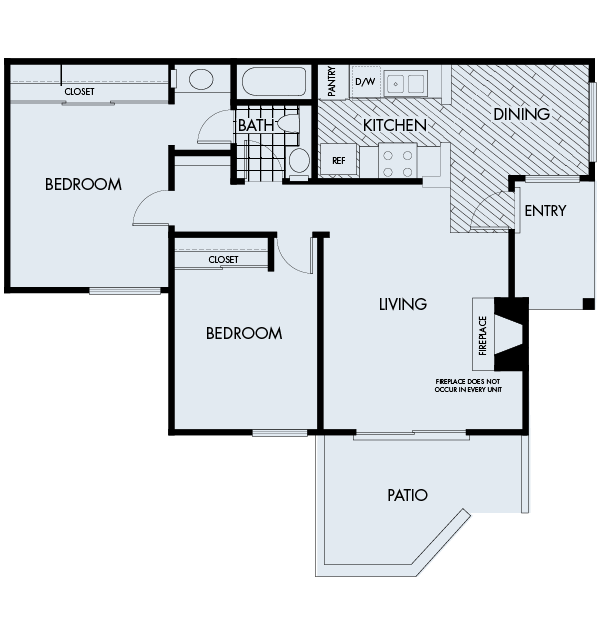 Floor plan 2A. A two bedroom, one bath floor plan at Woodbridge Apartments in Irvine