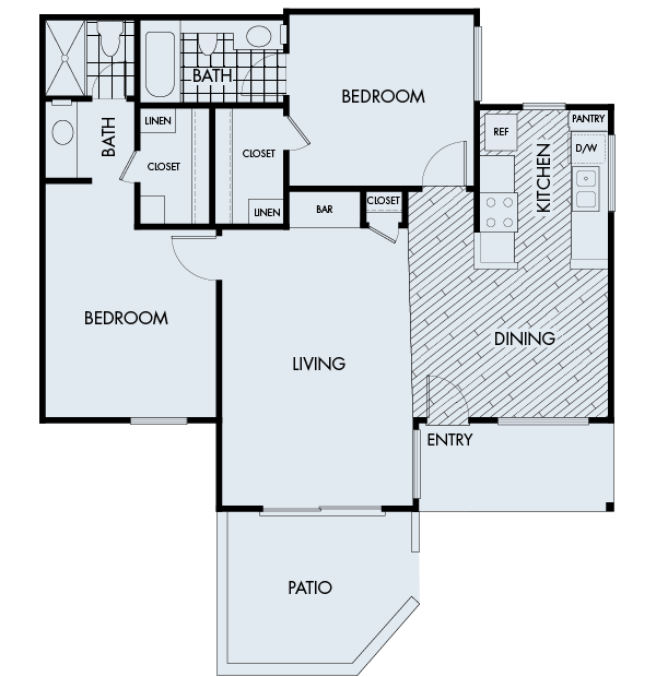 Floor plan 2C. A two bedroom, two bath floor plan at Woodbridge Apartments in Irvine