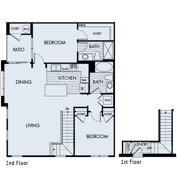 Floor plan 2B. A two bedroom, two bath floor plan at Zenith Meridian Apartments in Englewood